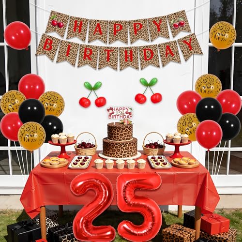 Kreatwow 25th Birthday Decorations Cheetah Leopard Cherry Party Set