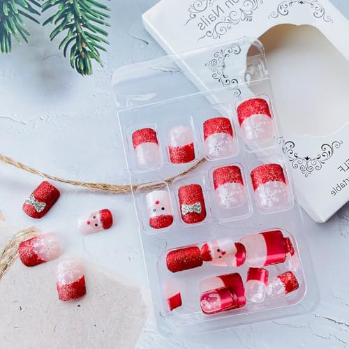 Christmas Press on Nails Short Red French Tip False Nails with Charms