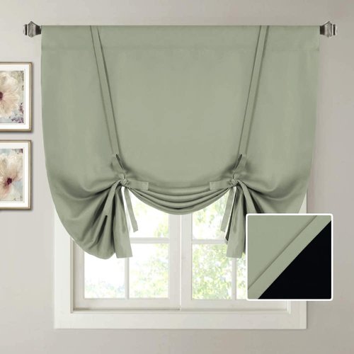 H.VERSAILTEX 100% Blackout Tie Up Valance Curtain - Balloon Shade Short Window Drape/Drapery for Bathroom 63 inches Long Rod Pocket for Small Window with Black Liner, Light Sage