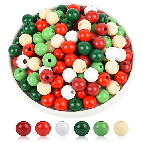 Christmas Wooden Beads 240 Pack - Natural, Red, Green & White Craft Beads for DIY Decorations