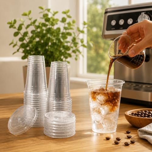 16oz Clear Plastic Cups with Strawless Sip Lids - 25 Sets for Cold Drinks