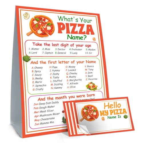 Pizza Name Game Card Set - 1 Sign & 30 Stickers | Guawubiang