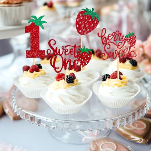 24 Strawberry Cupcake Toppers for 1st Birthday Party Decor