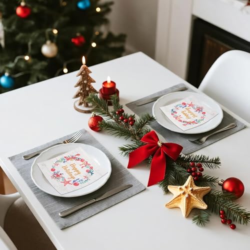 Christmas Paper Napkins 50 Pack - 3-Ply Wreath Sea Pattern Disposable Tableware