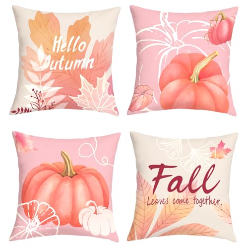 Fall Pink Pumpkin Throw Pillow Cushion Covers - Set of 4, 18x18