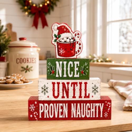 Christmas Hot Cocoa Wooden Tiered Tray Decor - Rustic Holiday Table Centerpiece