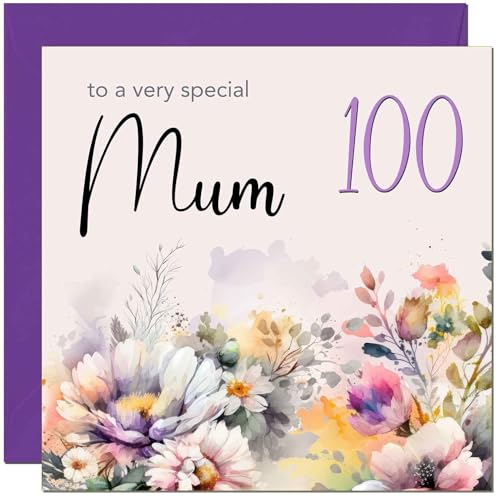 100th Mum Birthday Card - Purple Floral Design with Luxury Envelope