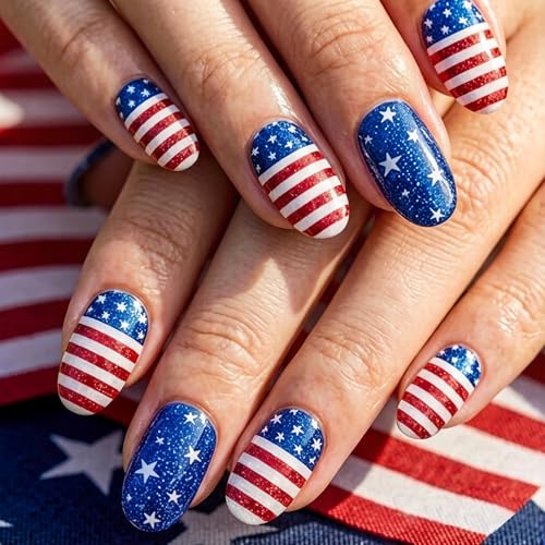 4th of July Short Almond Press on Nails Star Stripe Fake Nails