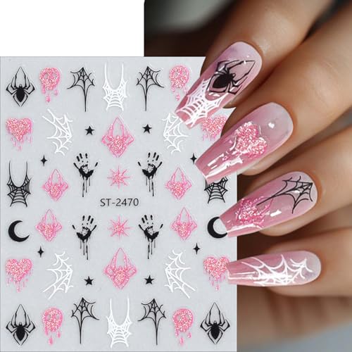 ONPRESS 6-Sheet Pink Halloween Nail Stickers 3D Self-Adhesive Spider Web Pumpkins Decals