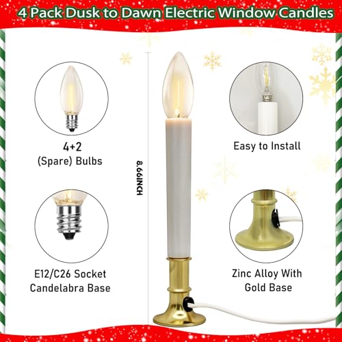 Gold 4 Pack Electric Window Candle Lamps with Brass Base, Dusk to Dawn Sensor