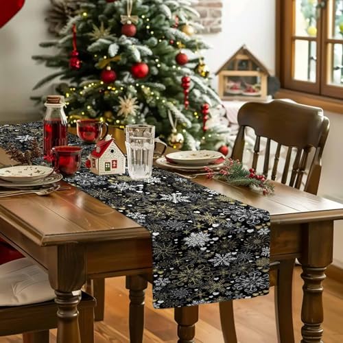 Black Christmas Snowflake Table Runner 13x72 Inches Cotton Linen Holiday Decor - Black