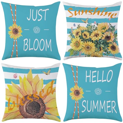 Mimkus Sunflower Throw Pillow Covers 18x18, Set of 4 Velvet Farmhouse Decor