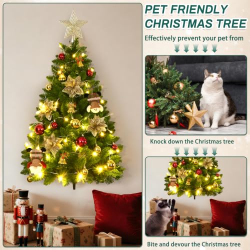 Dark Green 3FT Wall Christmas Tree Half Hanging with Lights & Ornaments - Pet Safe