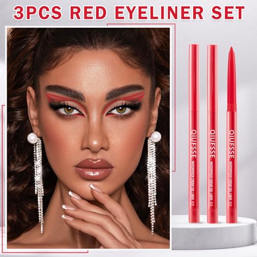 Red Eyeliner Pencil 3-Pack Waterproof Retractable Dark Red Eye Pen