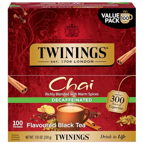 Twinings Decaffeinated Chai Spiced Black Tea Bags, 100 Count Box