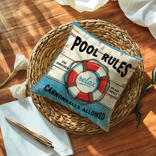 Pool Rules Decorative Throw Pillow Cover 18x18 Inch Nautical Design