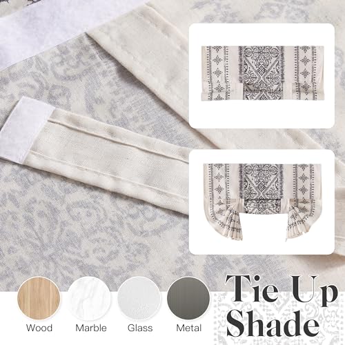 NICETOWN Glass Door Curtains Linen Blended, Farmhouse French Door Blinds Boho Print Privacy Window Treatment Covering for Patio Front Tieback Include, W26 x L72 inch, Greyish White, 1 Panel