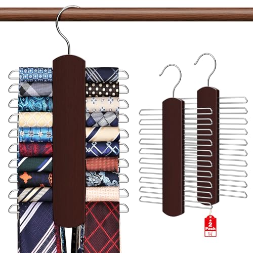 YYILIS Wooden Tie Rack Organizer - 2 Pack, 360° Swivel Hanger for 40 Ties