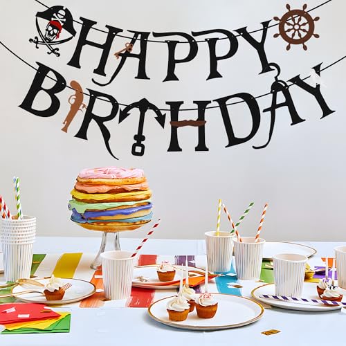 Black Felt Pirate Happy Birthday Banner - Reusable Party Bunting Decor