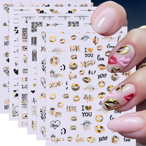 Valentine Heart Nail Art Stickers - 6 Sheets Black Gold 3D Decals