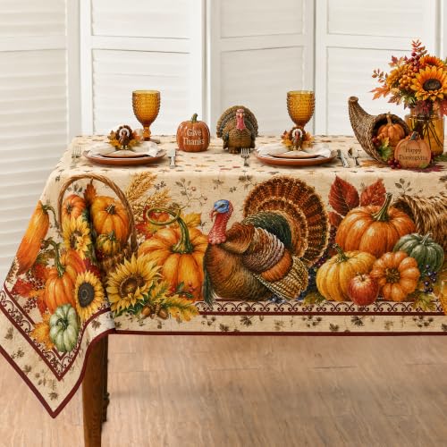 Thanksgiving Tablecloth 60x104 Inch Fall Harvest Border Waterproof Polyester
