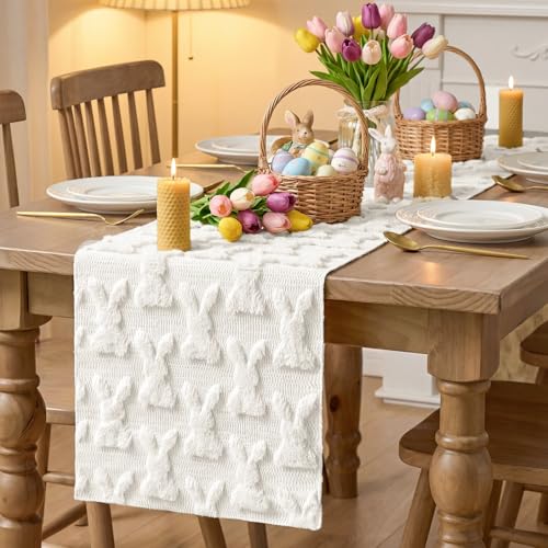 White Faux Fur Bunny Rabbit Easter Table Runner 13x36 Inch - Seasonal Home Decor