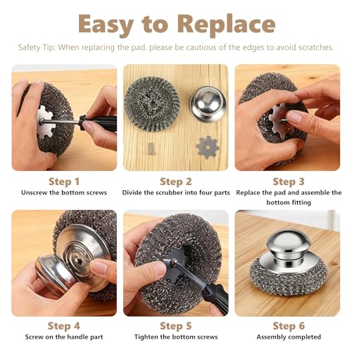 Stainless Steel Wool Scrubber with Handle - 1 Handle & 3 Replacement Pads