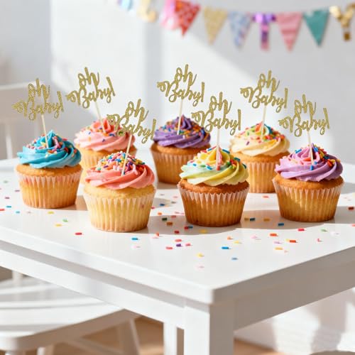 Gold Glitter Cupcake Toppers - 24 Pack for Party Decorations