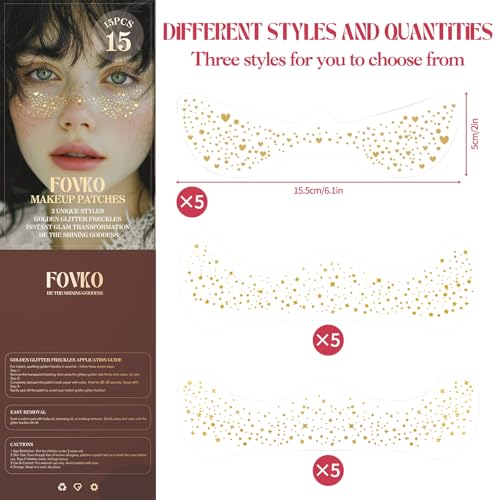 FOVKO Gold Glitter Freckles Face Tattoo 15 Pcs Waterproof Sparkle Stickers