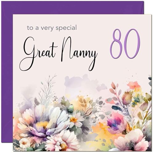 80th Birthday Card for Great Nanny - Purple Floral Design