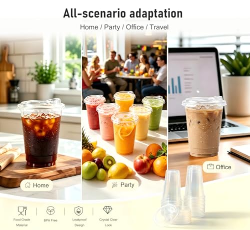 16oz Clear Plastic Cups with Strawless Sip Lids - 25 Sets for Cold Drinks