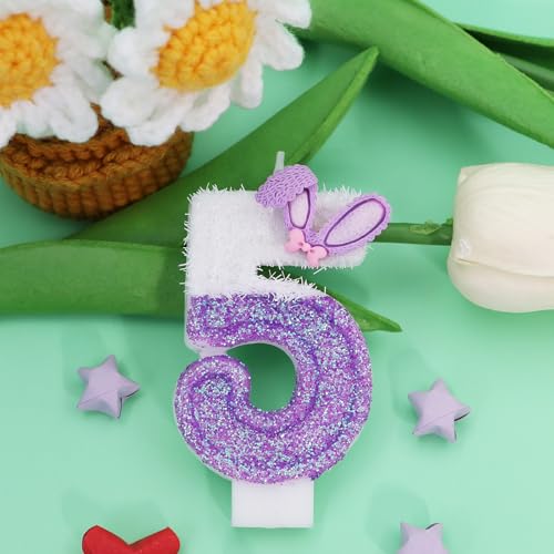 Glitter Purple Bunny Number 5 Candle - Cute Cake Topper for Kids