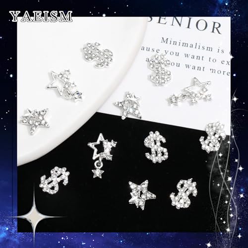 YAEISM 12PCS 3D Star & Dollar Sign Silver Crystal Nail Charms