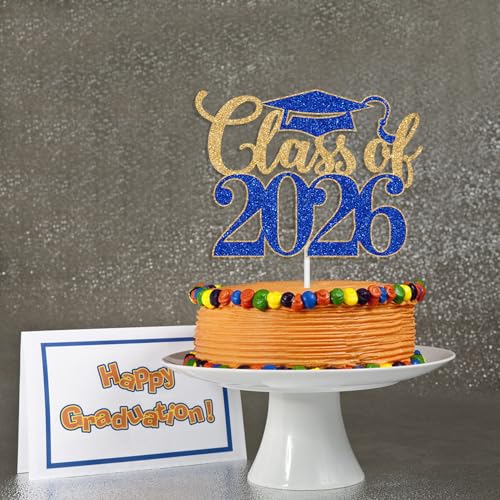 Class of 2026 Graduation Cake Topper - Gold & Blue Glitter