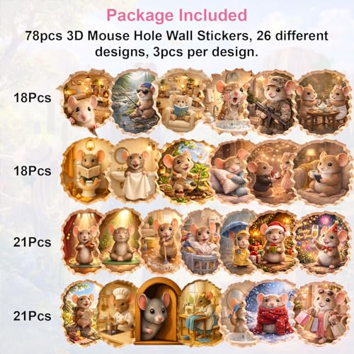 3D Mouse Hole Wall Stickers - 78 Pcs Vinyl Decal Set