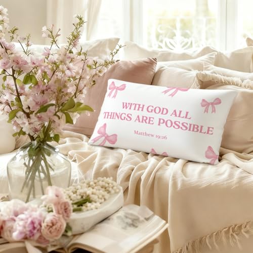 Pink 12x20 Flannelette Throw Pillow Cover - Matthew 19:26 Bow Design