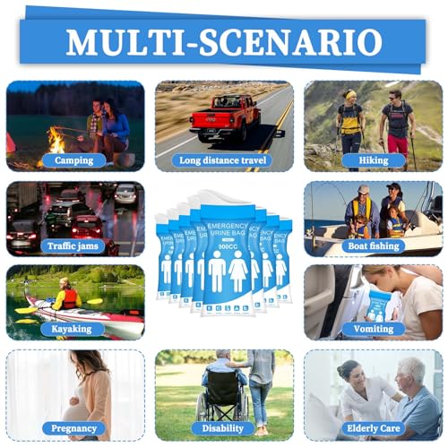 12 PCS Disposable Urine Bags,900ML Pee Bags for Travel for Women and Men, Portable Emergency Urine Bag with Leakproof Seal for Road Trips, Camping, Hiking, Traffic Jams,Pregnant, Patients