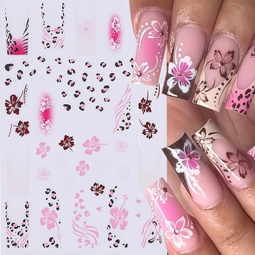 Leopard Print Nail Art Stickers 3D Self-Adhesive French Lines & Hibiscus Flowers