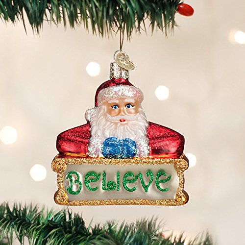 Assorted Glass Blown Christmas Tree Ornaments - Believe Santa - Black, Red, White, Blue, Green, Yellow