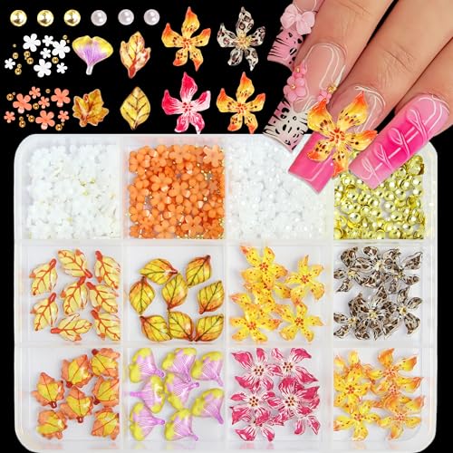 Tephrent 3D Flower Nail Charms Fall Maple Leaf Rhinestones and Pearls