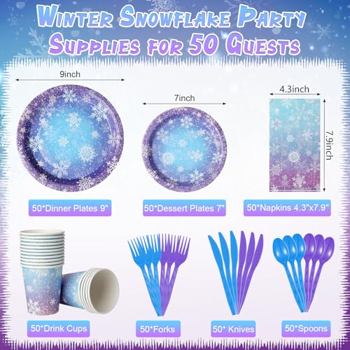 Winter Snowflake Paper Plates and Napkins Set - Blue and Purple, Serve 50