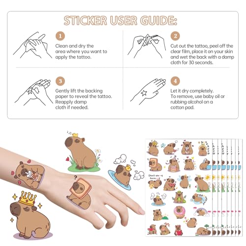 Capybara Temporary Tattoos - 8 Sheets Cute Party Favors & Stickers