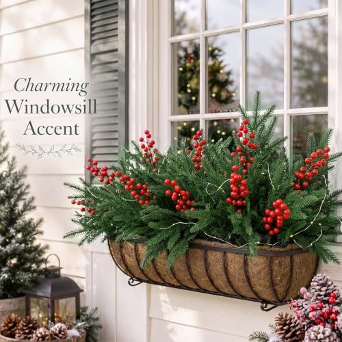 24 Large Artificial Christmas Pine Branches with Red Berry Stems for Outdoor Decor