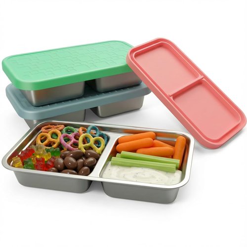 Korythar 3 Pack 15oz Stainless Steel Snack Containers for Kids, Reusable Metal Snack Containers with Silicone lids, Leak Proof 2 Compartment Stackable Metal Toddler Lunch Box for Daycare, School