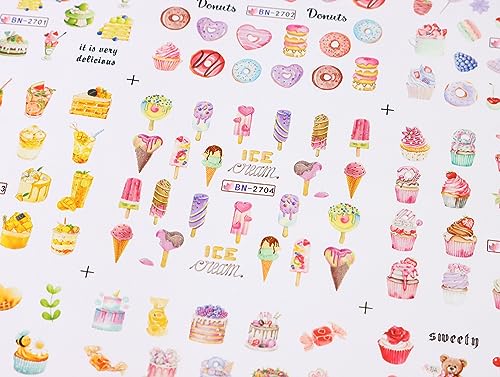 GRITOSE 12 Sheets Colorful Donut Ice Cream Candy Nail Art Water Decals