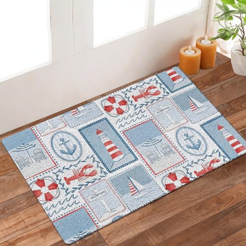 KBRCT Coastal Outdoor Door Mat - Ocean, Lobster, Lighthouse, Sailboat Design, 17x30 Inches