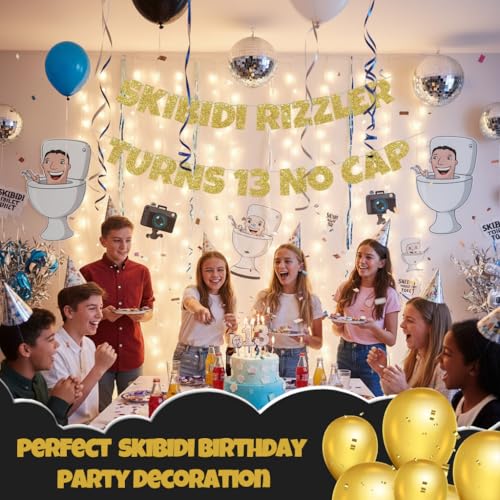 Skibidi Rizzler Turns 13 No Cap Banner - Glitter Birthday Decor