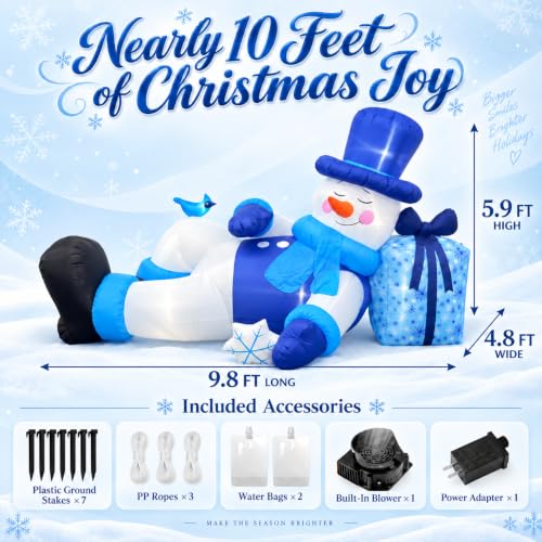 Long Christmas Inflatable Reclining Snowman Decor - 9.8FT Outdoor Holiday Decoration with LED Lights - Variation: Snowman