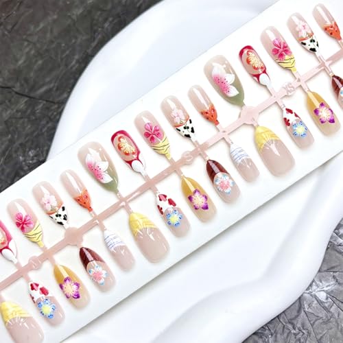 3D Flower Press On Nails Medium Almond French Tip False Nails Set