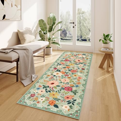 Green 2x6 Runner Rug for Hallway Washable Non Slip Low Pile Floral